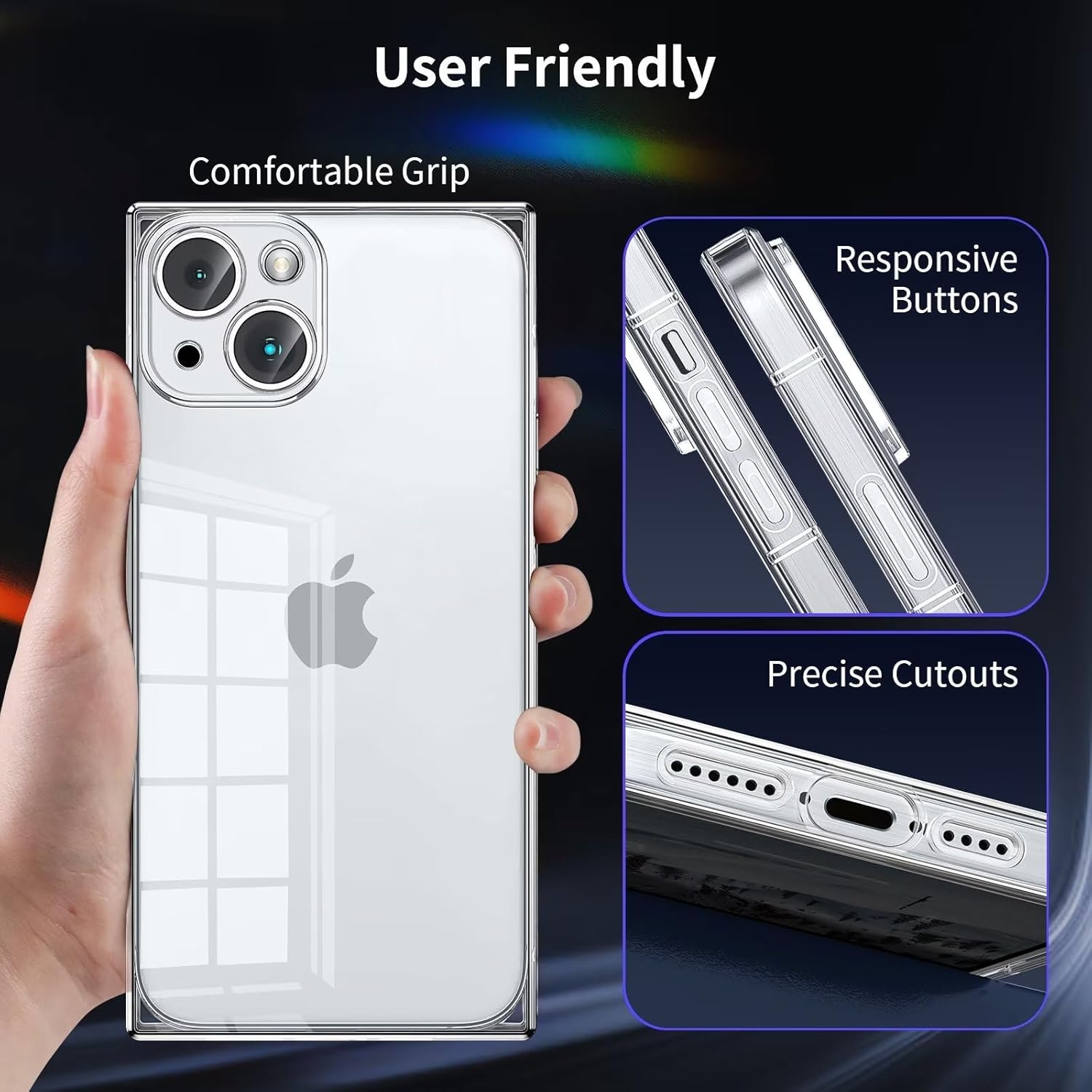 Tzomsze Funda cuadrada compatible con iPhone 15 Plus transparente, protección completa de la cámara y esquinas reforzadas, funda delgada de silicona