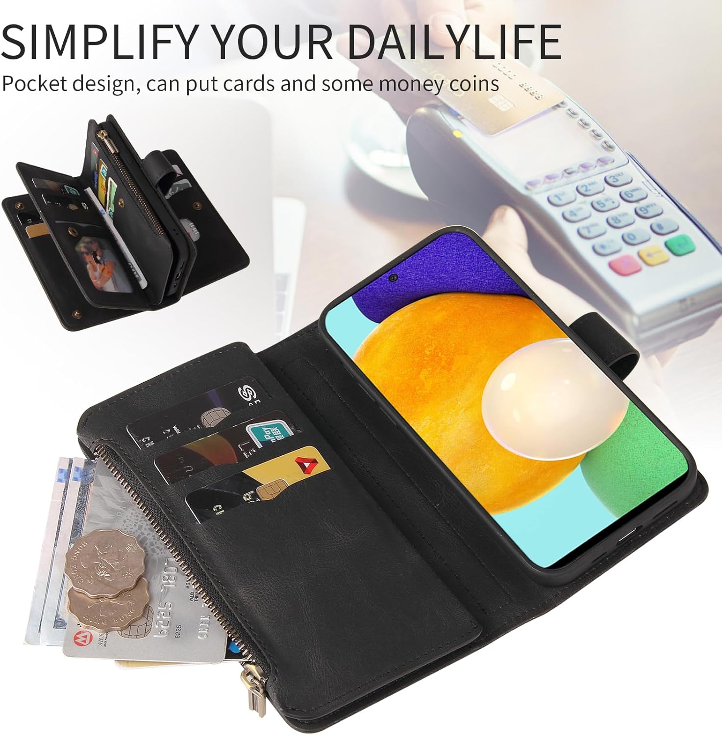 Asuwish Funda de teléfono para Samsung Galaxy A52A52S 5G Funda tipo cartera con protector de pantalla de vidrio templado y correa para la muñeca de