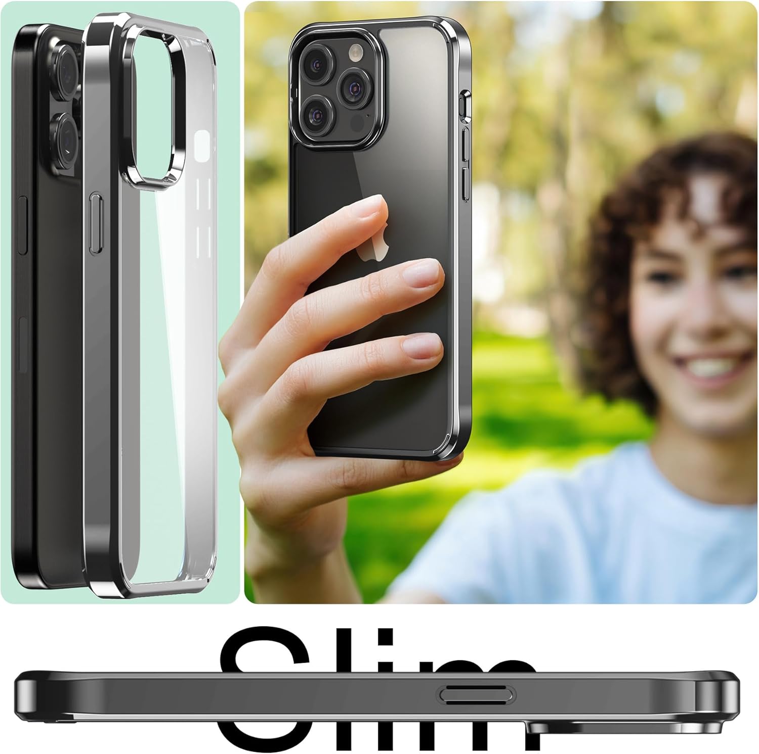 Foluu Funda ultradelgada para iPhone 15 Pro Max 2023 con protector de pantalla de vidrio templado y protector de lente de cámara, chapado duro
