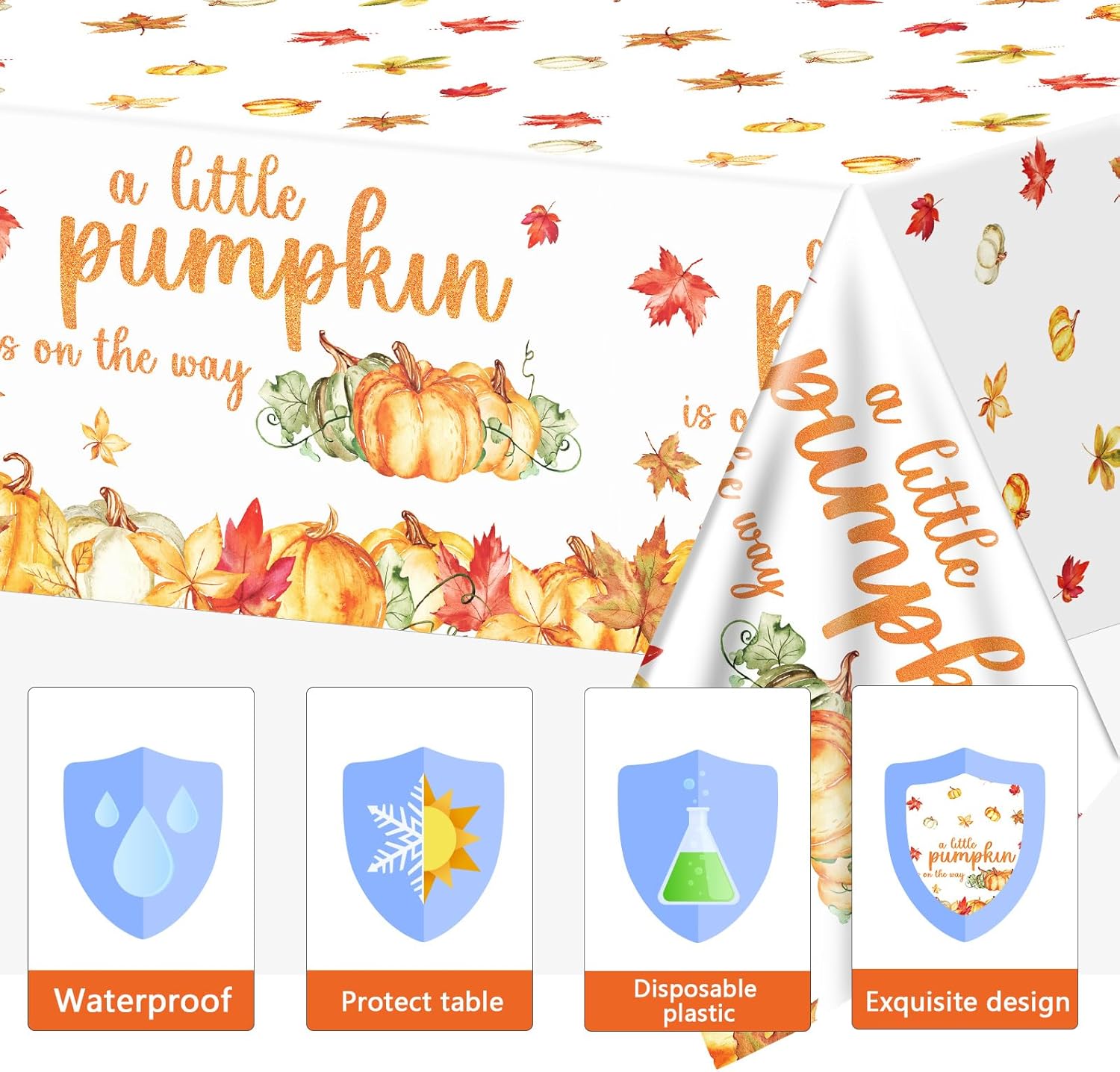 3 manteles de calabaza pequeña para decoración de fiesta de baby shower, con texto en inglés “A Little Pumpkin is On The Way” para baby shower,