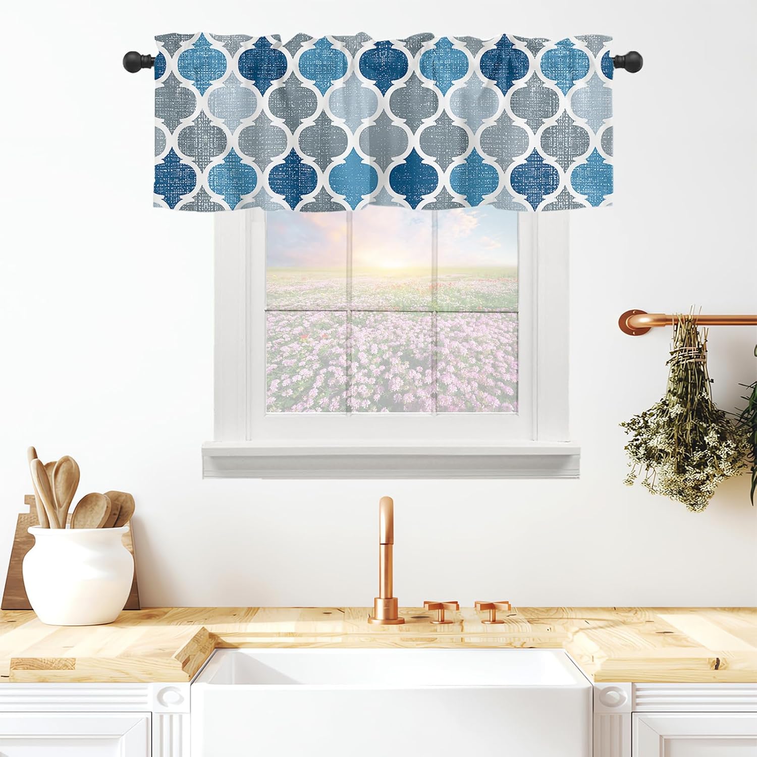 Cenefas geométricas de azulejos de Marruecos para ventanas, cenefas de cortina modernas con bolsillo para cortinero, tratamientos de ventana para