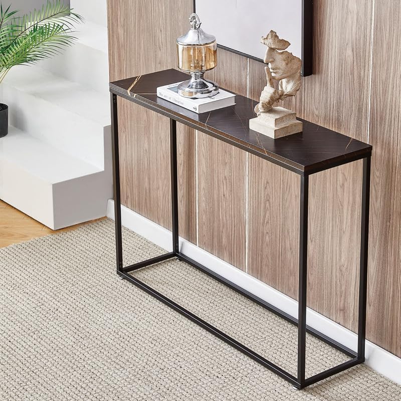 Qiyom Mesa consola moderna de 42 pulgadas para entrada, mesa de sofá de mármol sintético con marco de metal, mesa de entrada estrecha para detrás