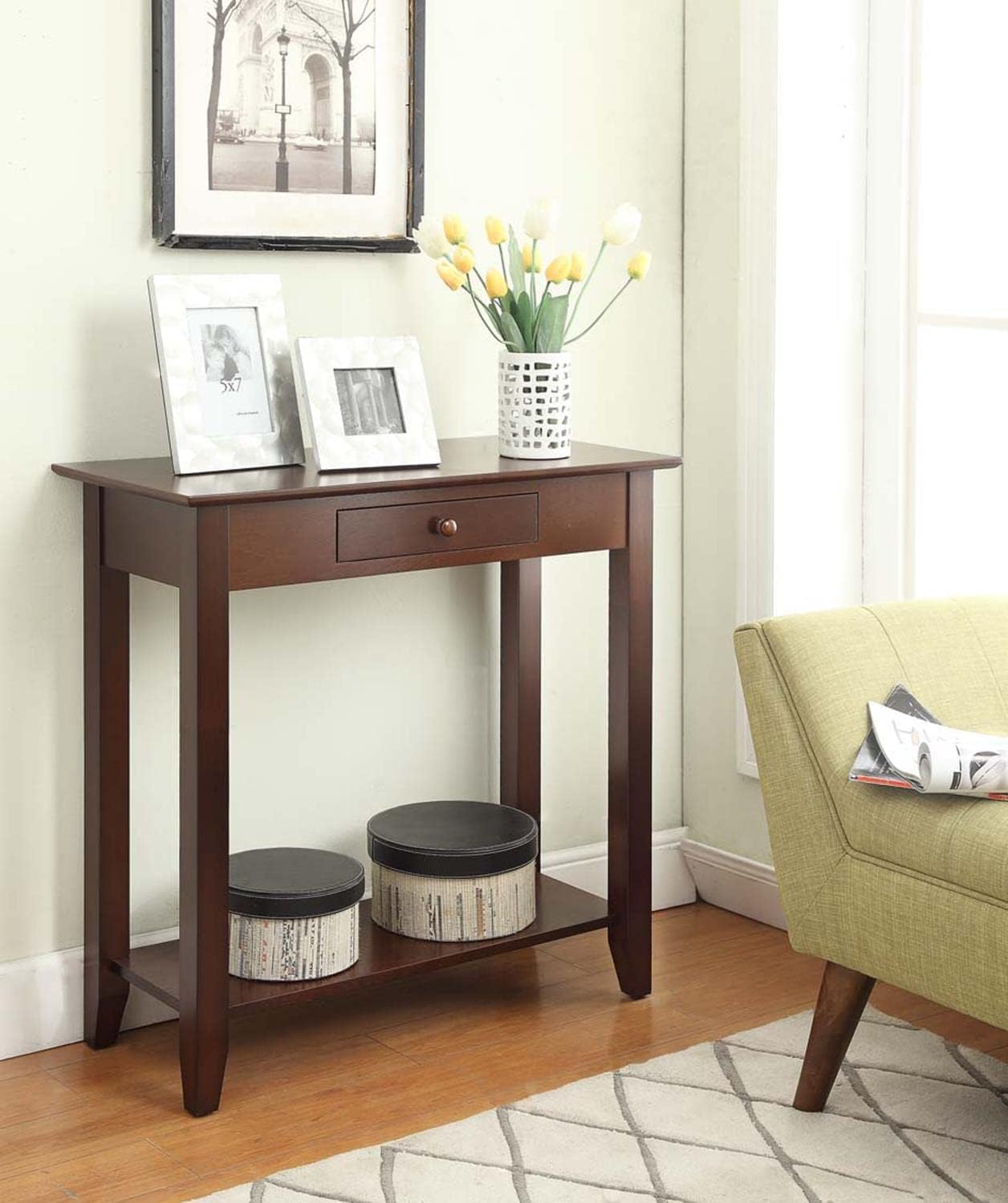 Convenience Concepts American Heritage – Librero de escalera con cajón para archivos, base de madera, Espresso
