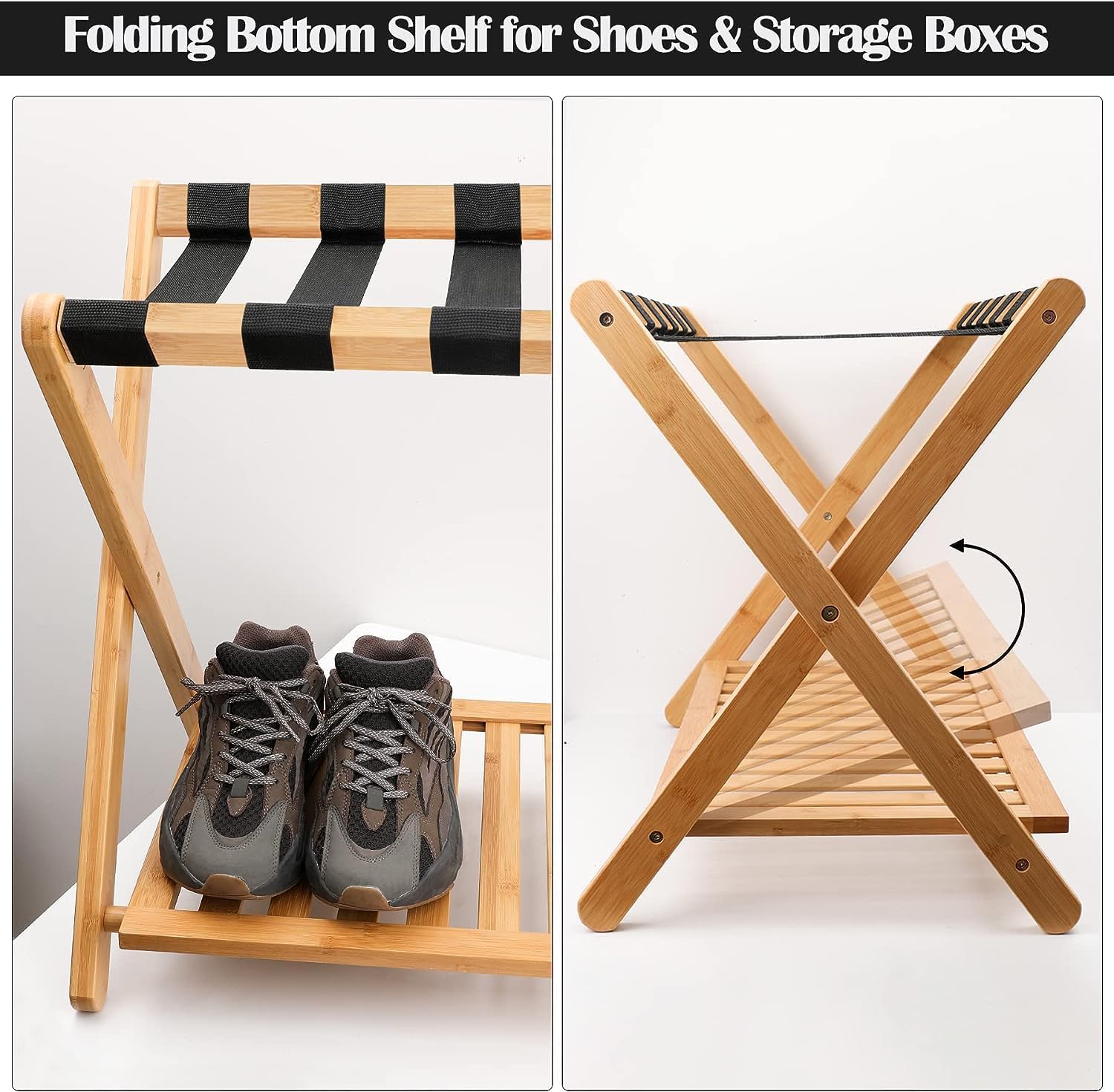 Purbambo Juego de 2 portaequipajes para habitación de invitados, soporte para maleta con estante de almacenamiento, marco de bambú, 6 correas de