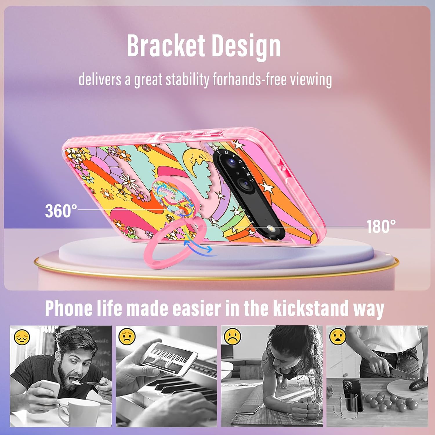Toycamp Funda para Pixel 7 con soporte para anillos, diseño retro de arcoíris, sol, río, flores, caricatura, a prueba de golpes, para Google Pixel