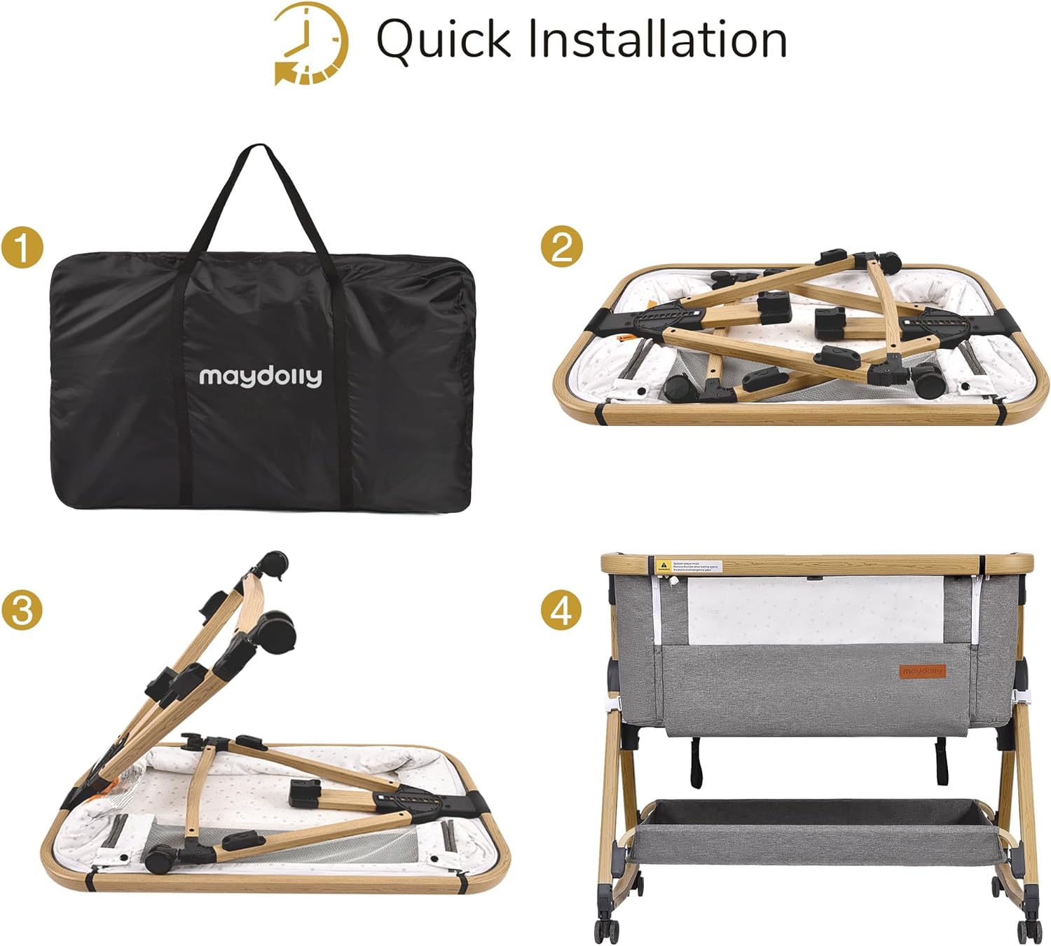 Maydolly Moisés para bebé y cama de noche, cuna mecedora 3 en 1 con colchón y sábana, altura ajustable, funda transpirable extraíble, cuna infantil