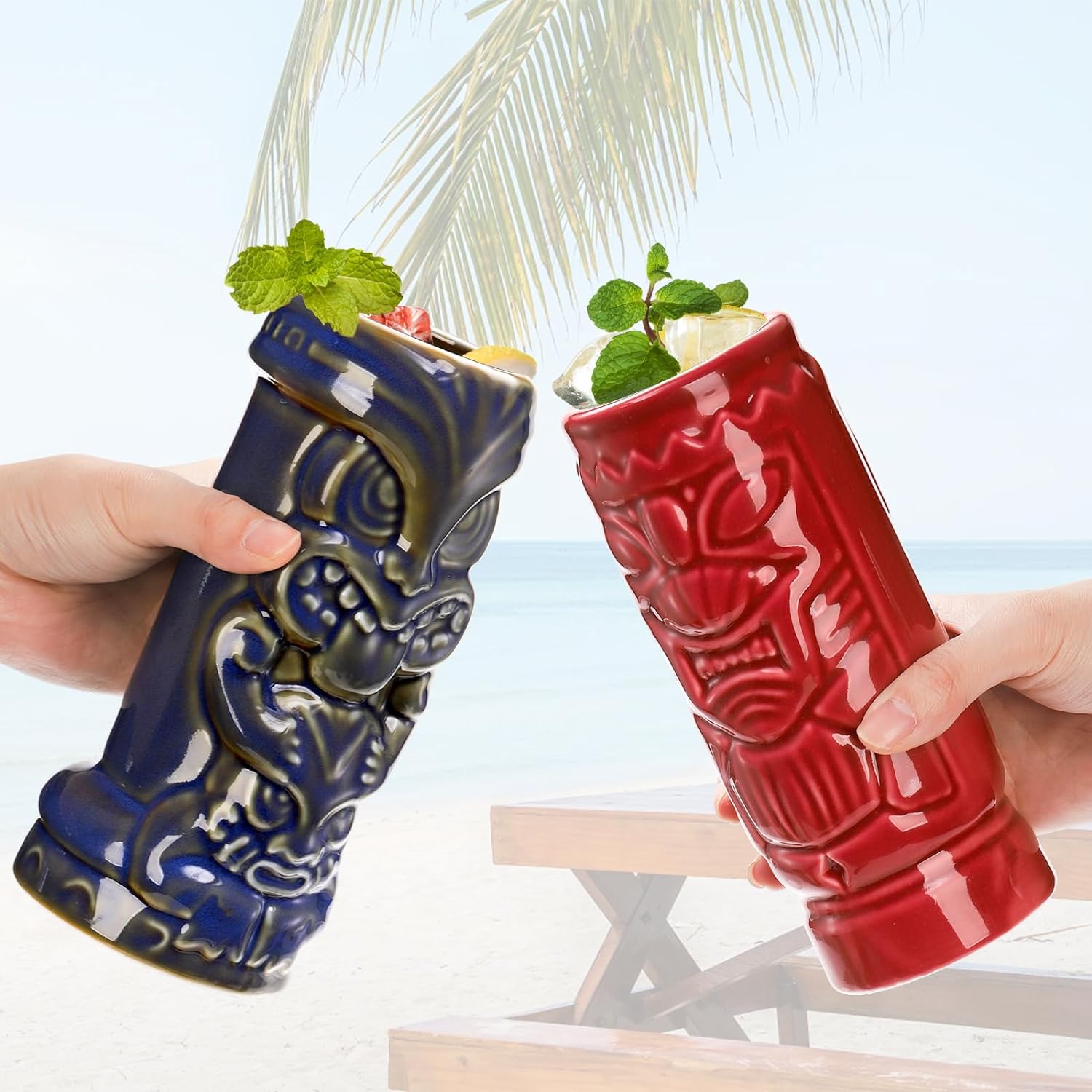 Juego de 4 vasos Tiki de cerámica, tazas Tiki grandes de 16 onzas para cócteles, tazas hawaianas vintage de Halloween, juego de utensilios para