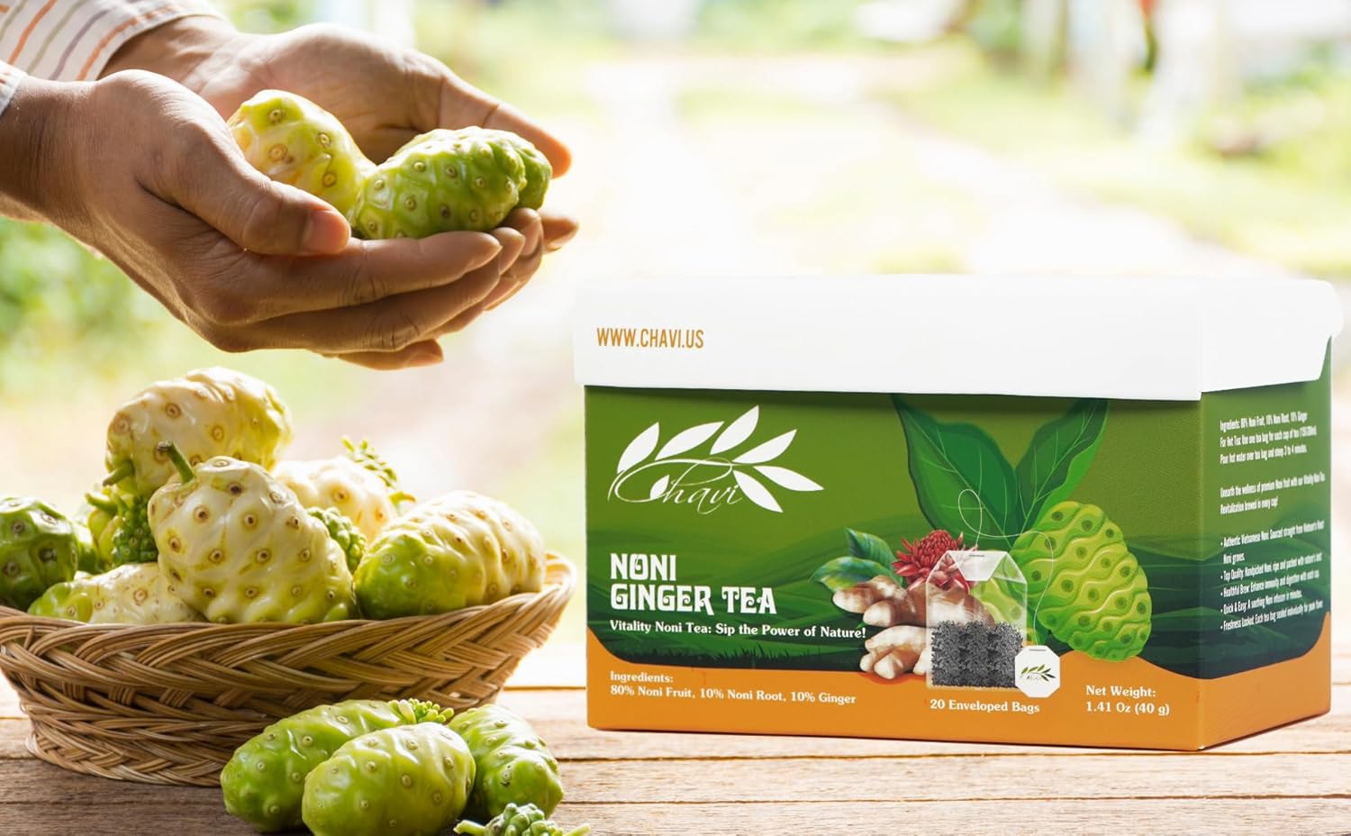 CHAVI Non Tiea (Noni Ginger, paquete de 1)  20 bolsas de té por caja  Bebida Noni Dieters  Extra fuerte  Calidad premium
