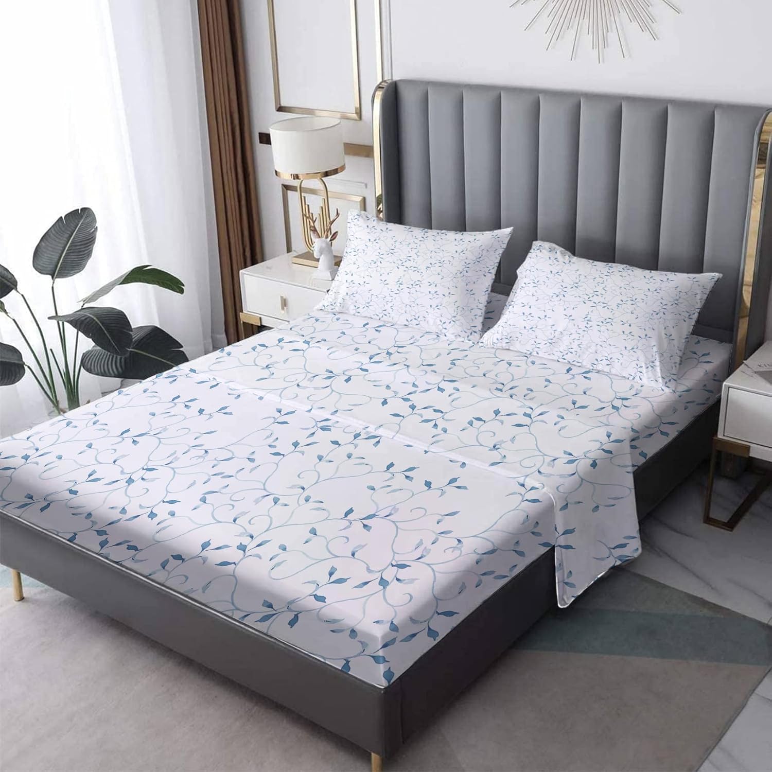 Sábanas de plantas tamaño King, sábanas botánicas de hojas, sábanas y fundas de almohada estampadas de 4 piezas, sábana bajera ajustable de