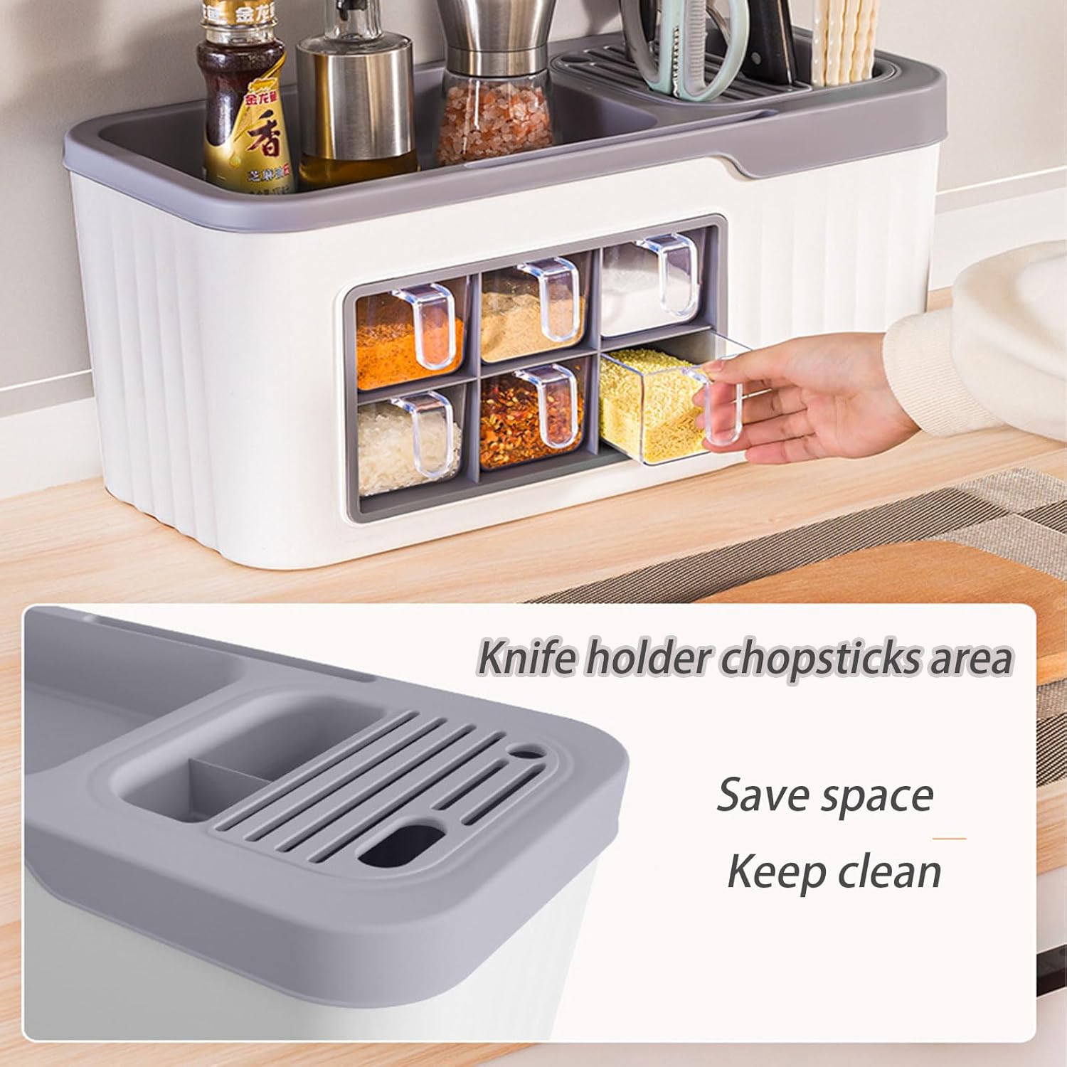 Caja multifuncional para condimentos de cocina, tarro de cepillo de cocina, caja de almacenamiento de cuchara, organizador de cocina 4 en 1 con