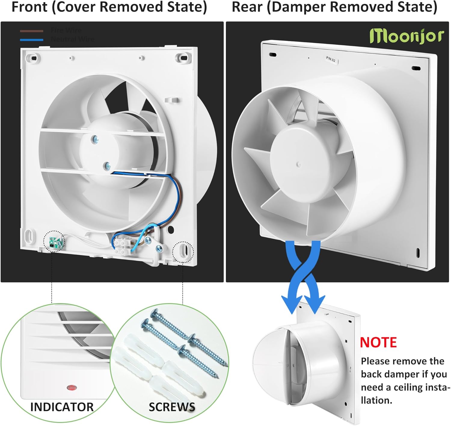 Moonjor Extractor de ventilación de 4 pulgadas, 55CFM 12 W, ventilador extractor de ventilación de montaje en pared para cocina, baño, taller,