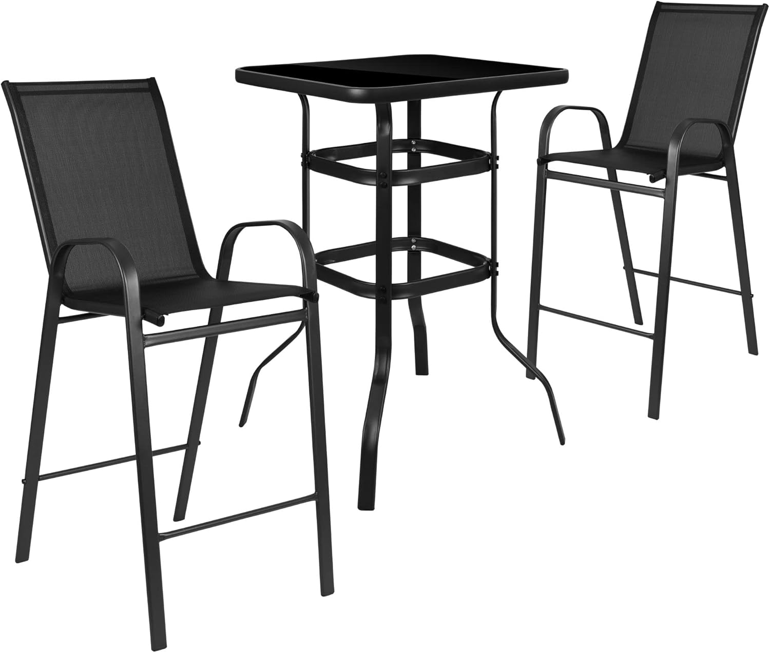 Flash Furniture Brazos – Juego de mesa de bar, 3 piezas, mesa de bar Brazos de cristal con 2 taburetes de bar negros para patio, sillas de exterior