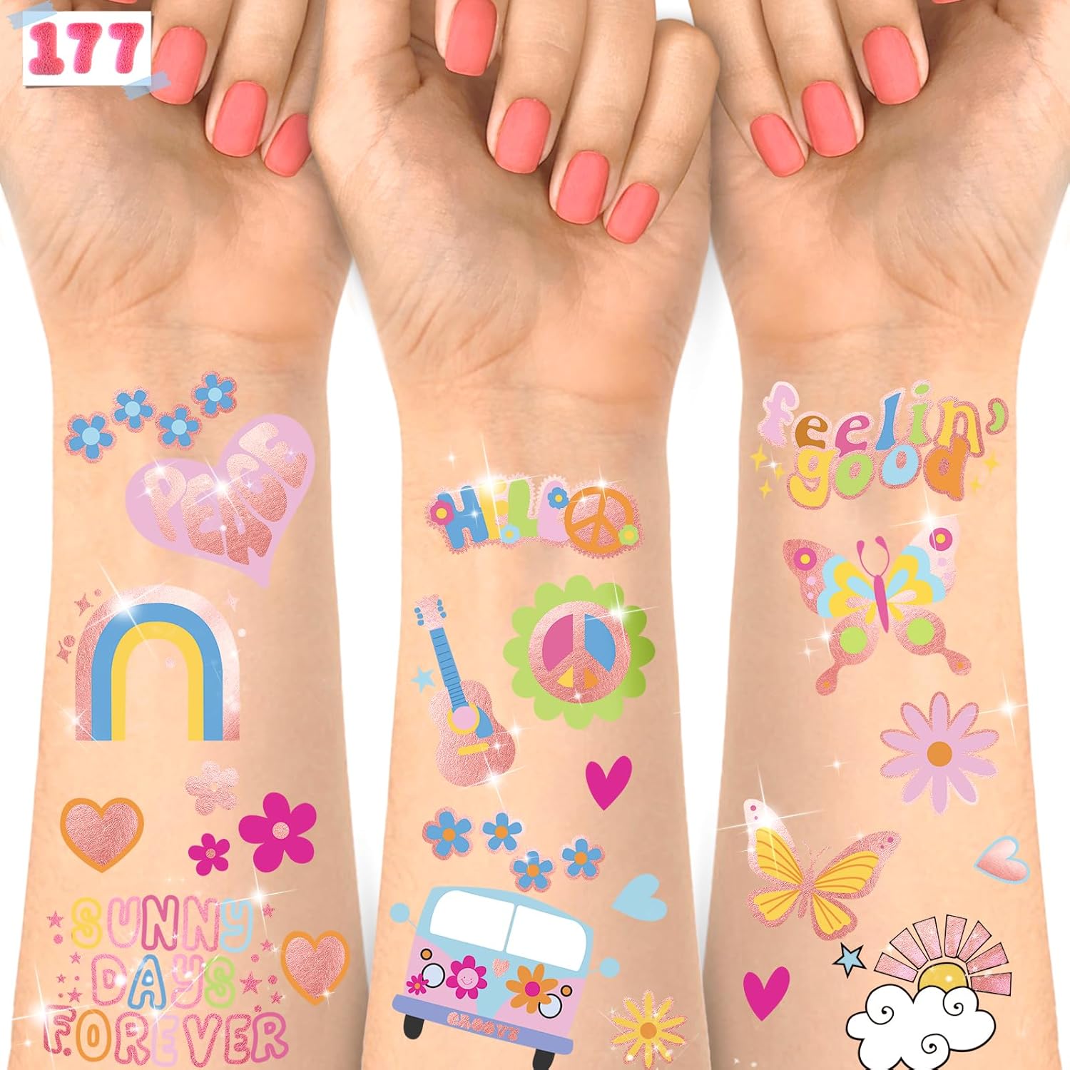 Tatuajes temporales Groovy, 177 tatuajes falsos con purpurina para niños, calcomanías de tatuajes para niños y niñas, diseño de margaritas hippie,