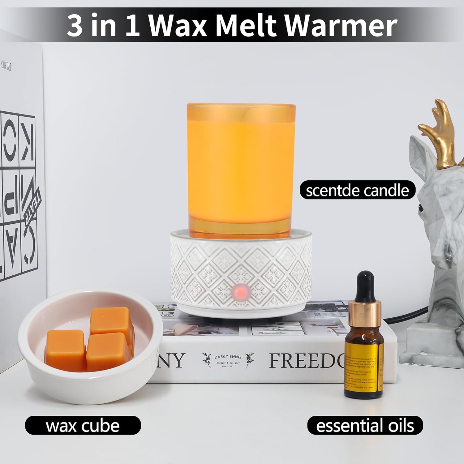 Calentador de cera para cera perfumada, calentador de cera de cerámica 3 en 1, calentador eléctrico de velas para cera derretida, cubos de cera para