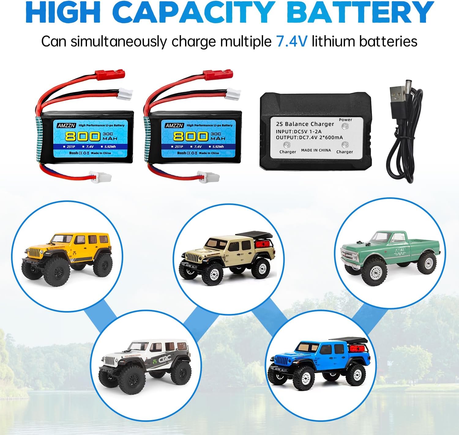 2 baterías Lipo de 7.4V 30C 2S 800mAh con enchufe JST y enchufe PH2.0 + carga 2 en 1 para batería de automóvil SCX24 RC, compatible con la mayoría