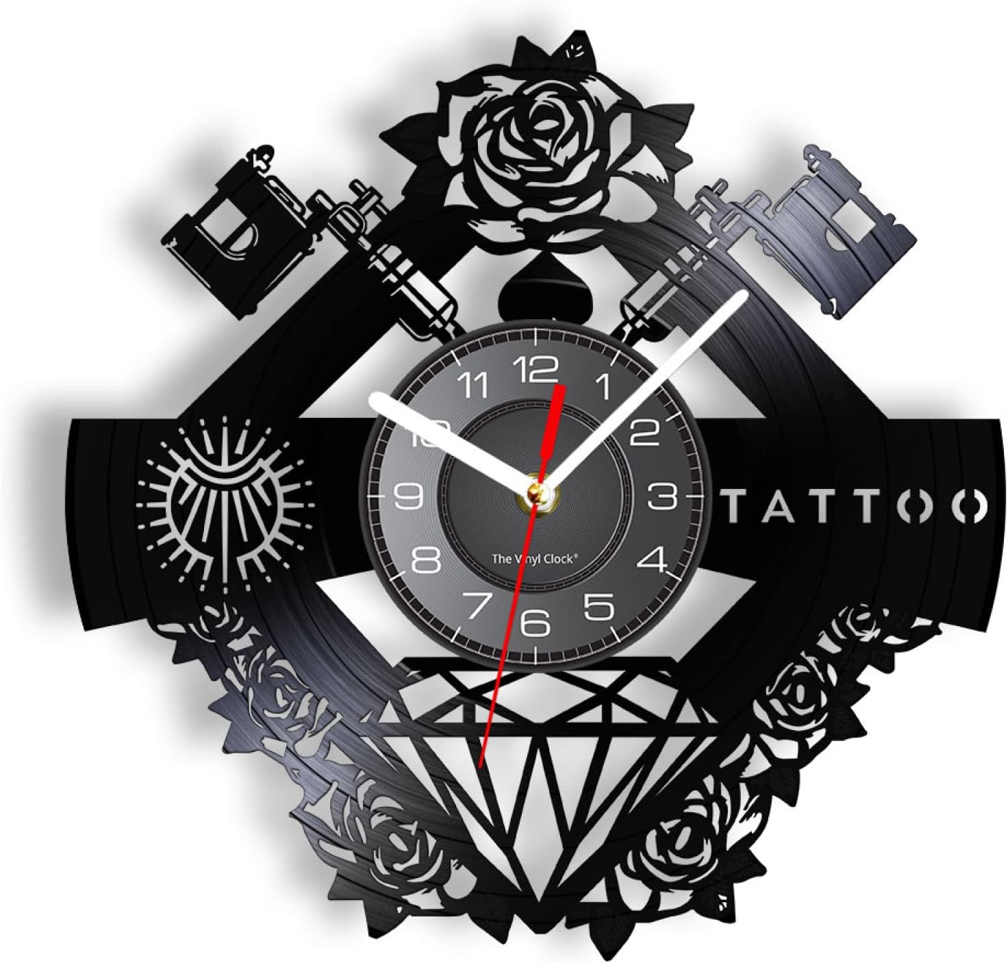Reloj de pared decorativo de 12 pulgadas, letrero de estudio de tatuaje, nombre personalizado, disco de vinilo silencioso, reloj de pared, máquina