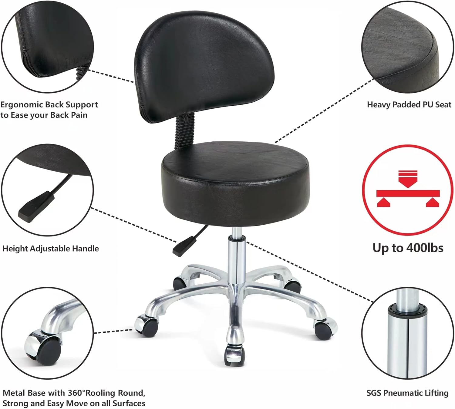 Silla redonda con respaldo, acolchado grueso y resistente, taburete giratorio con ruedas, taburete ajustable con ruedas (con respaldo, negro)