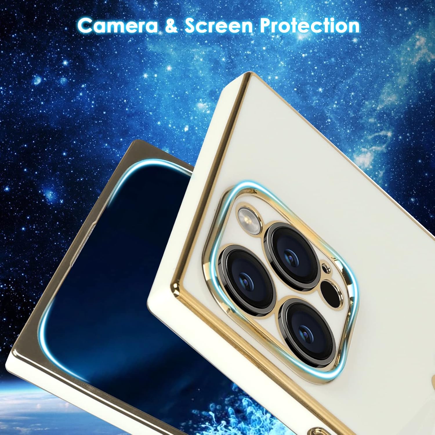 Omio – Funda cuadrada compatible con iPhone 15 Pro Max con soporte oculto de astronauta, funda de lujo chapada en corazón para mujeres y niñas,