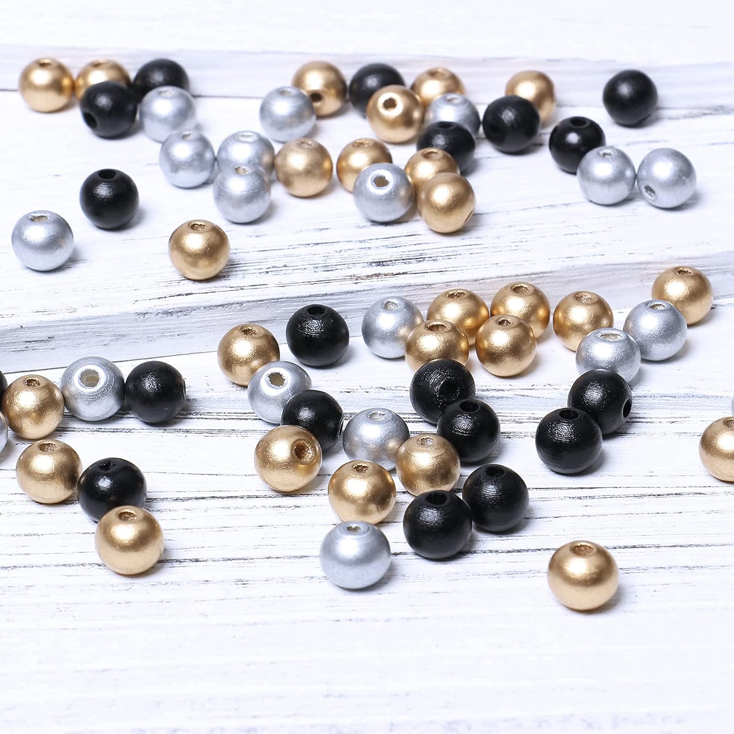 Cuentas de madera de 0.394 in para la fabricación de joyas, 300 cuentas redondas de madera de color negro y dorado y plateado, cuentas sueltas de