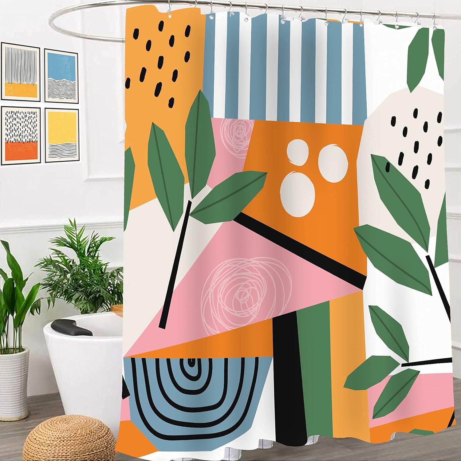 Miyotaa Juego de cortina de ducha abstracta minimalista y contemporánea, 60 pulgadas de ancho x 71 pulgadas de alto, diseño geométrico de hojas