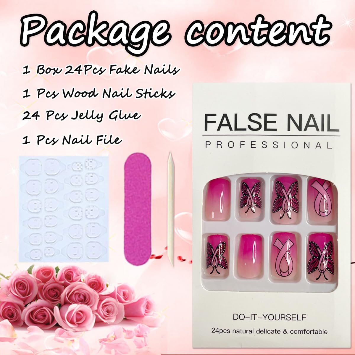 Uñas postizas a presión sobre el cáncer de mama, uñas postizas cortas cuadradas de color rosa brillante, uñas postizas acrílicas de cobertura
