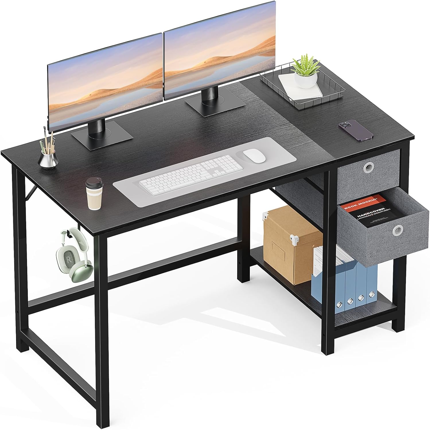 DUMOS Escritorio para computadora con cajones de 48 pulgadas, oficina, dormitorio, niños, escritura, trabajo, estudio, cajones de almacenamiento de