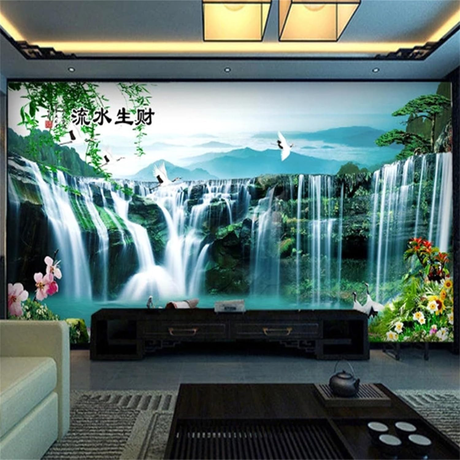 Mural de pared de paisaje natural de cascadas 3D, mural de flores y plantas, calcomanías de pared y murales de estilo chino sin grasa para sala de
