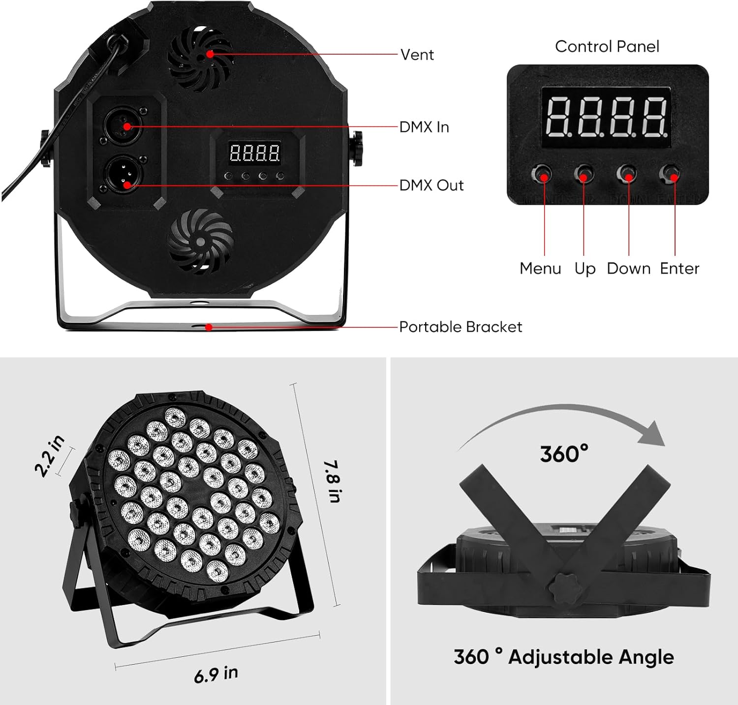 Luces LED para escenario DJ Par, 36 luces RGB para fiesta con control remoto activado por sonido, 7 modos de iluminación estroboscópica para