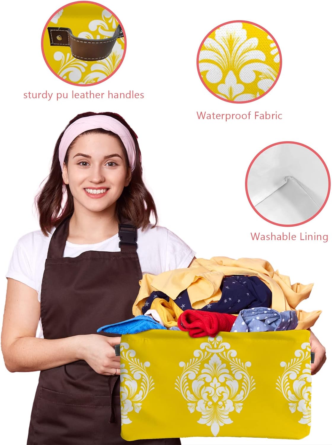 Yellow Paisley Storage Basket for Organizing Shelves, Collapsible Storage Bins Boxes with Handle, Luxurious Modern White Abstract Art Aesthetics