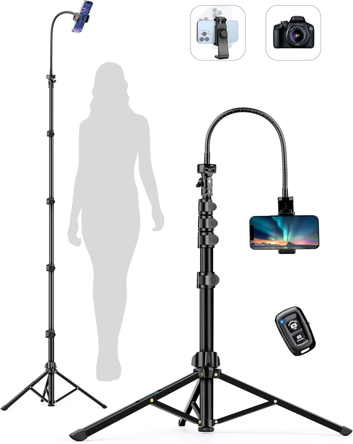 Soporte de trípode para teléfono, trípode para selfie, trípode para teléfono celular de 86.6 pulgadas de alto con cuello de cisne ajustable, trípode