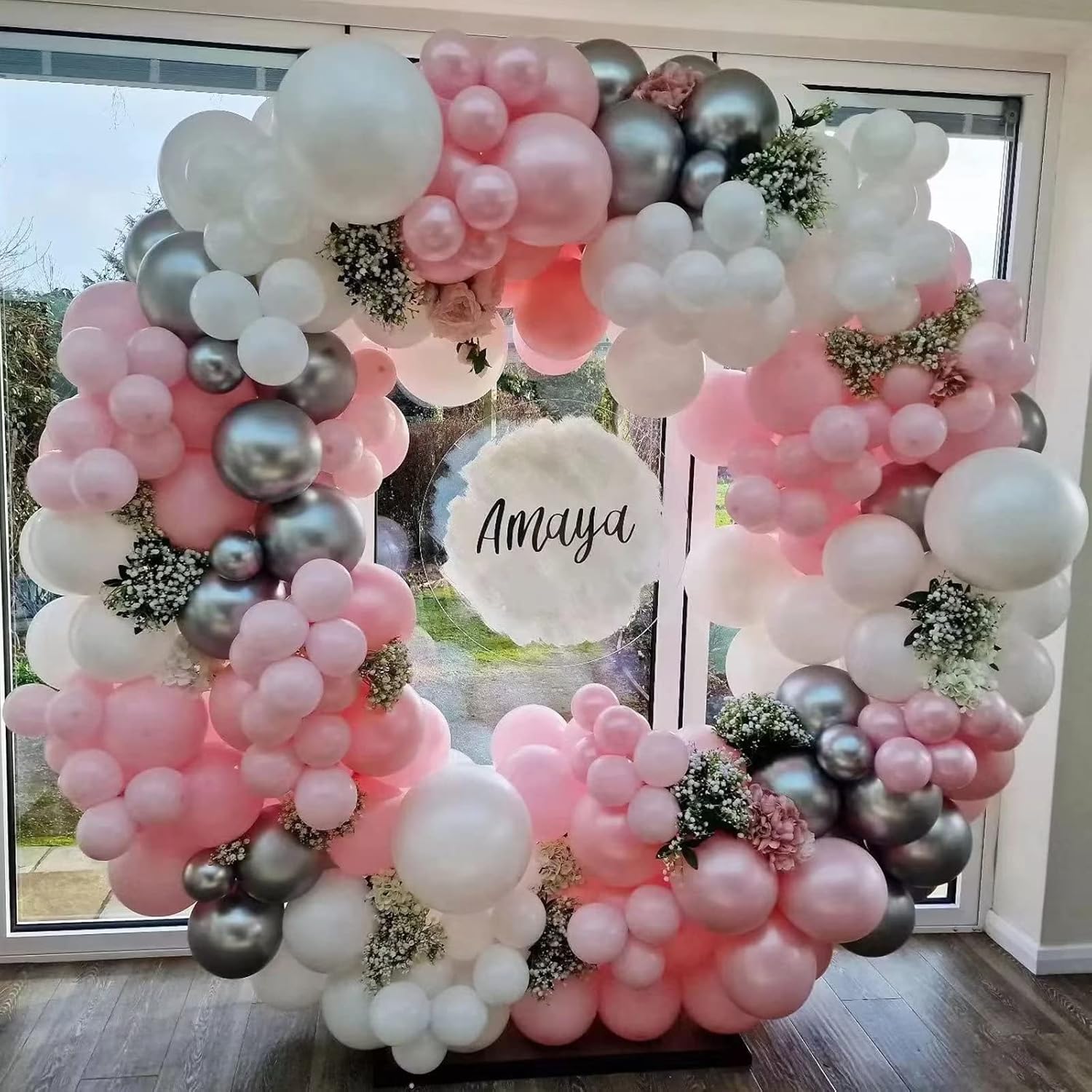 Kit de arco de globos rosa y plateado, kit de guirnalda de globos de color rosa macarrón plateado metálico, globos de látex cromados y rosa pastel,