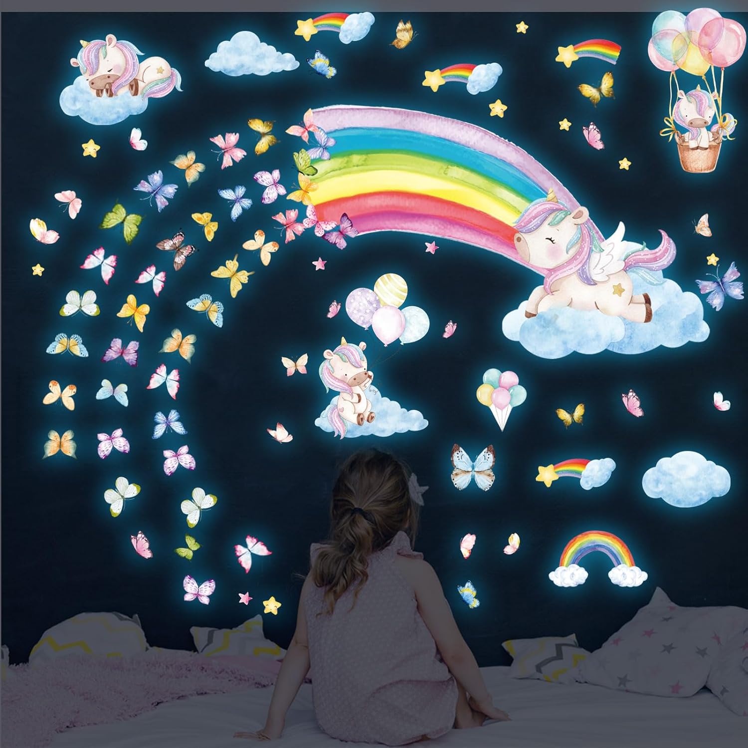 Calcomanías de pared grandes que brillan en la oscuridad de arcoíris y unicornio, calcomanías de pared brillantes y luminosas, calcomanías de pared