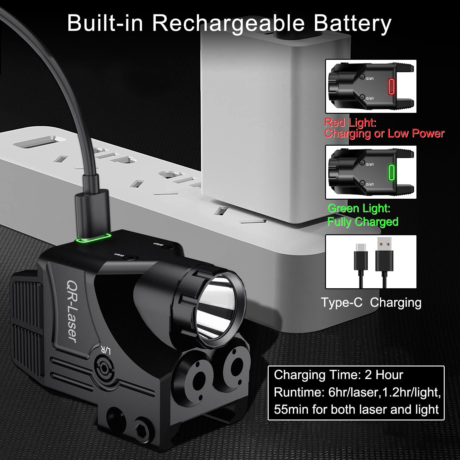 3 in 1 Red Green Purple Blue Laser Light Combo, 600 Lumens Tactical Flashlight Laser Sight, Built-in USB Rechargeable Battery