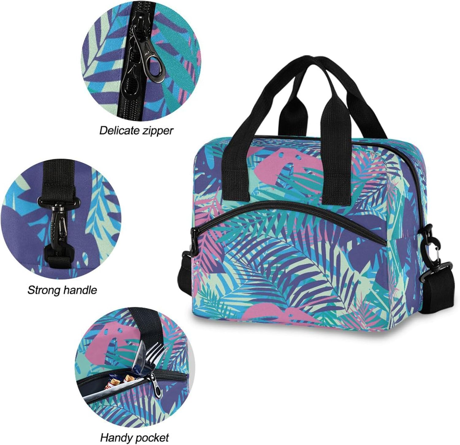 Bolsa de almuerzo aislada para mujeres y hombres, coloridas hojas de palma, a prueba de fugas, lonchera reutilizable con correa ajustable para el