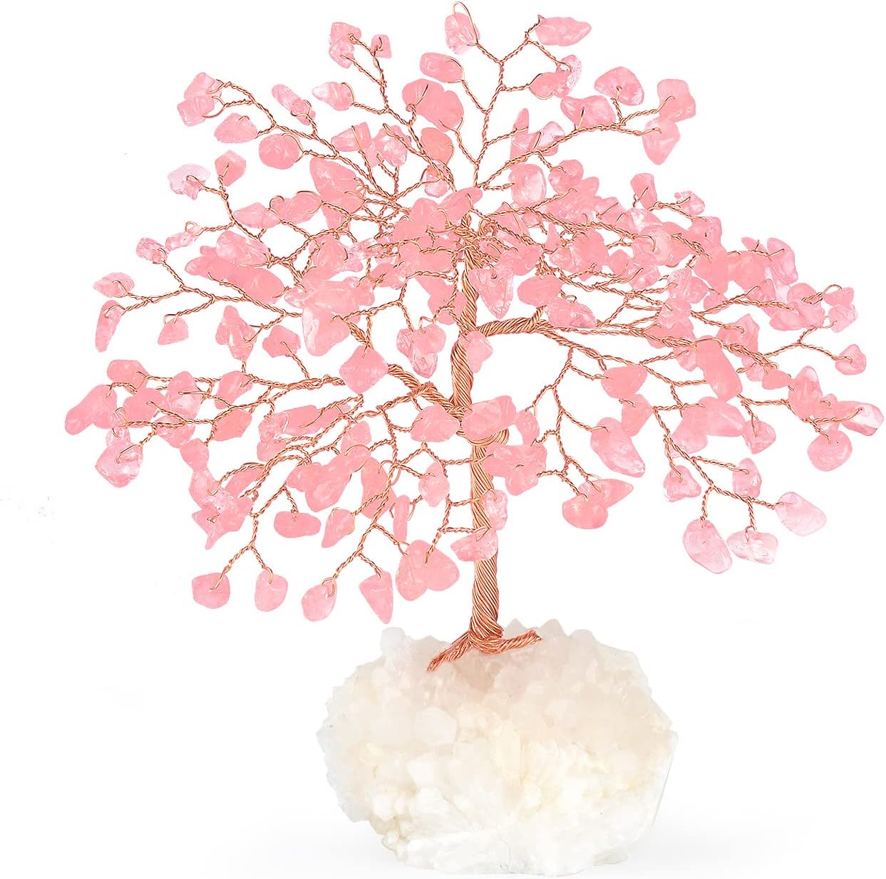 MASGEMES Gemstone Crystal Tree of Life,Natural Rose Quartz Clear Quartz Cluster Base,Healing Crystal Positive Energy Bonsai Feng Shui Money Tree