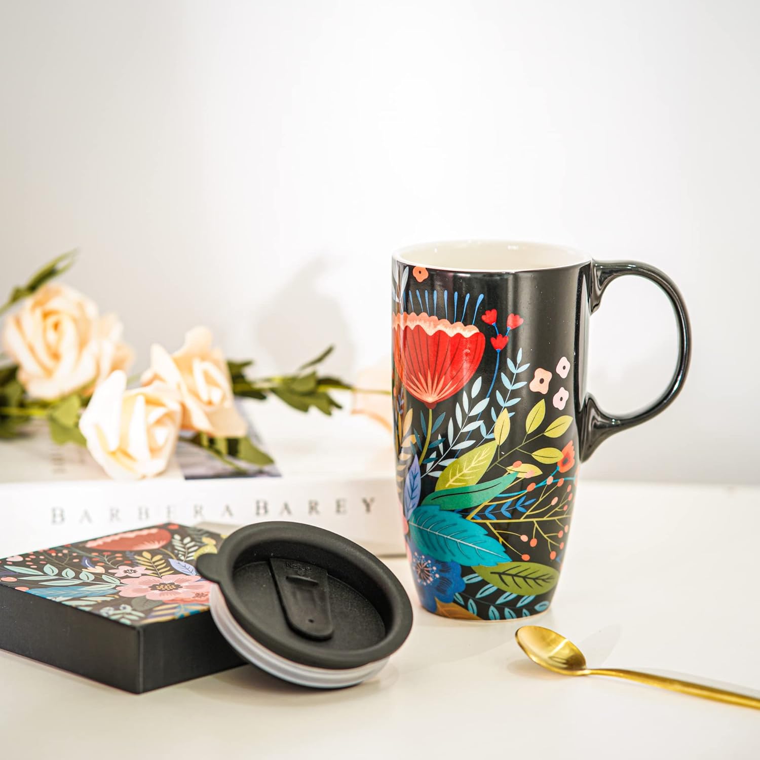 Topadorn Taza de café de cerámica con tapa de 17 onzas, taza de té alta de porcelana con asa para el hogar y la oficina, taza roja con patrón de