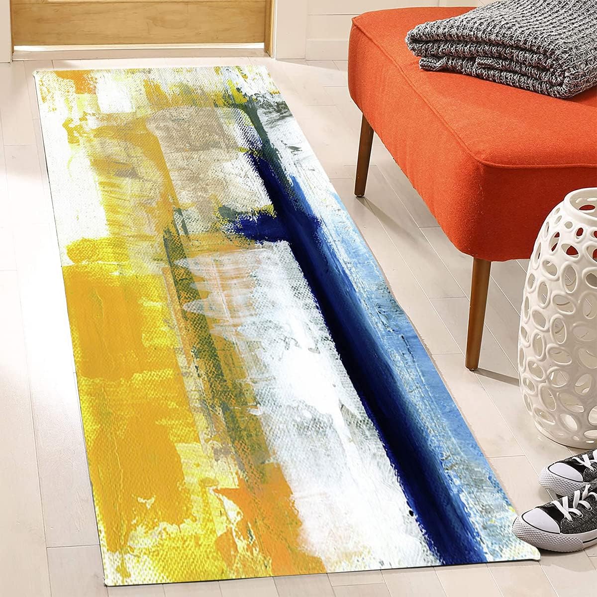 Alfombra contemporánea moderna abstracta azul amarillo vibrante de 6 x 9 pies, de lana ultra suave, para sala de estar, dormitorio, comedor,
