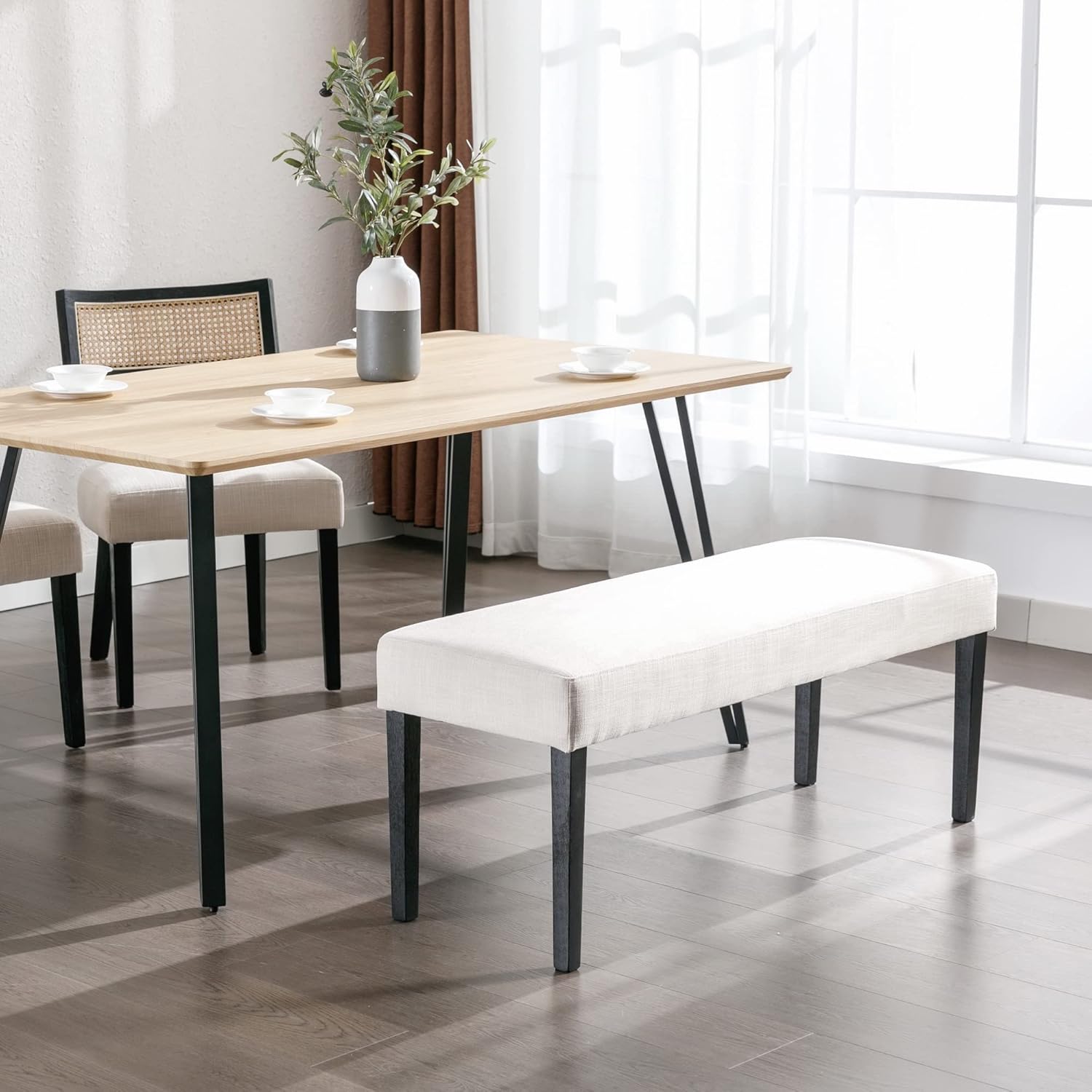 Wahson Juego de 2 bancos de comedor tapizados de lino de granja, asiento de comedor de 45 pulgadas de largo con patas de madera negra, beige