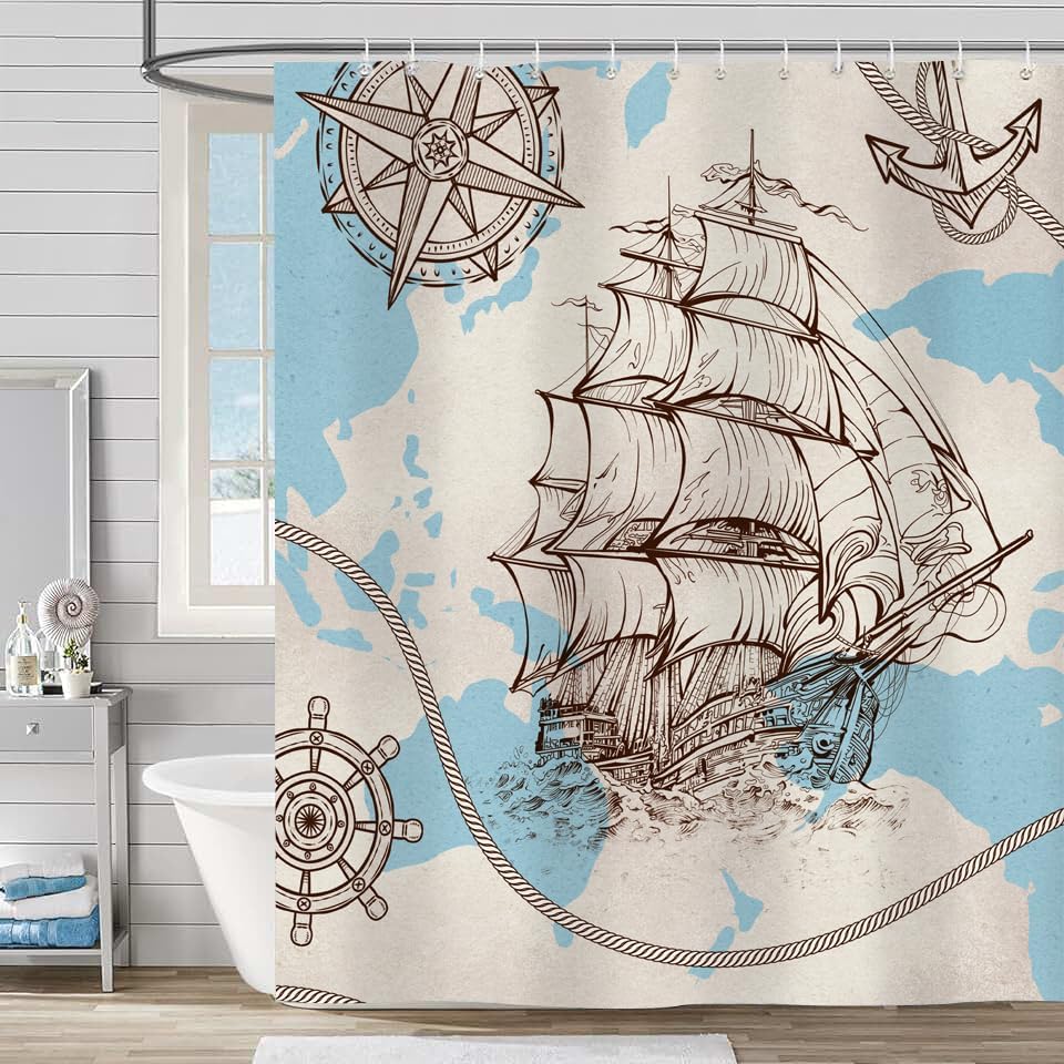 Juego de 4 cortinas de ducha náuticas para baño, juego de cortina de ducha azul con alfombras, cubierta de tapa de inodoro y tapete de baño,