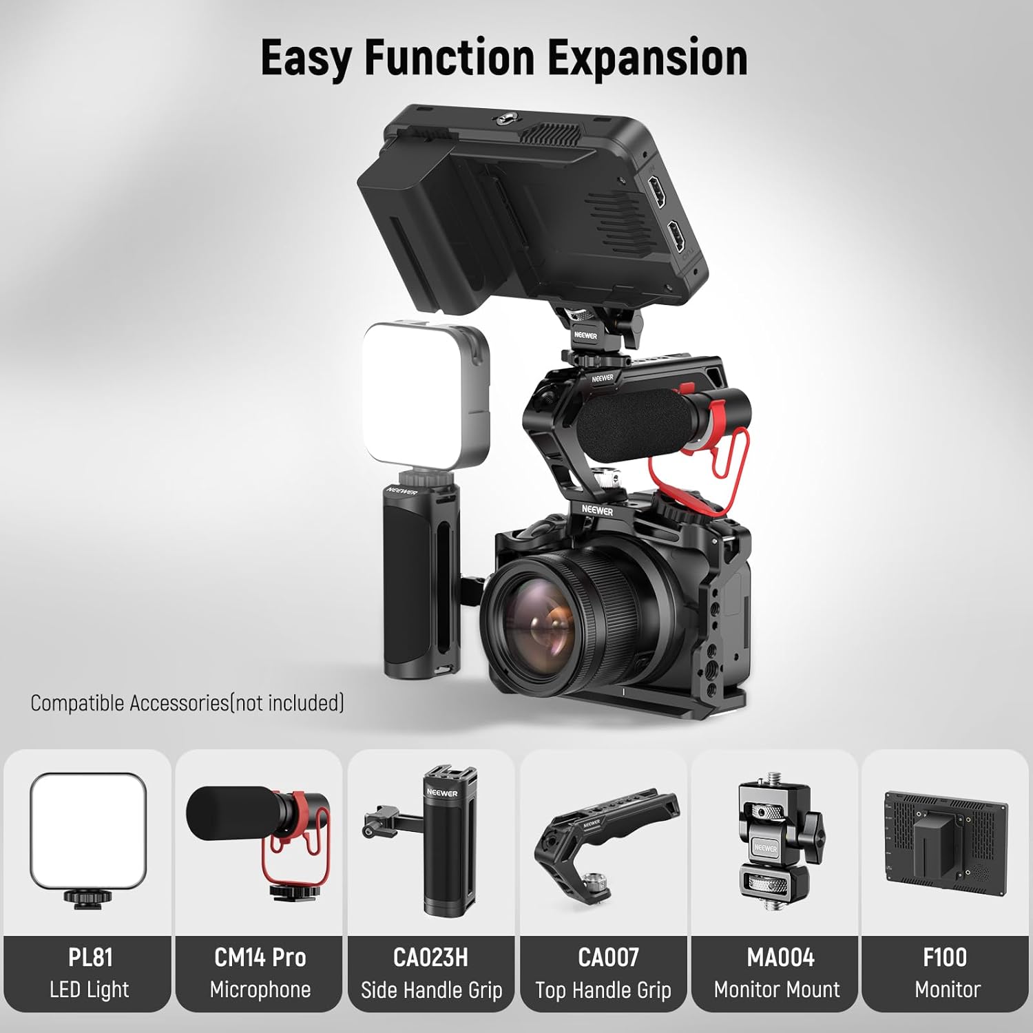 NEEWER Jaula para cámara R50 compatible con Canon EOS R50, plataforma de video de aluminio con riel OTAN, roscas de 14″, agujeros ARRI de 38″,