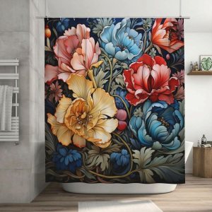 YLADW3702 – Cortina de ducha con flores rojas, amarillas y azules, juego de cortina de ducha vintage con textura floral y bohemio, hojas verdes, YLADW3702 – Cortina de ducha con flores rojas, amarillas y azules, juego de cortina de ducha vintage con textura floral y bohemio, hojas verdes,