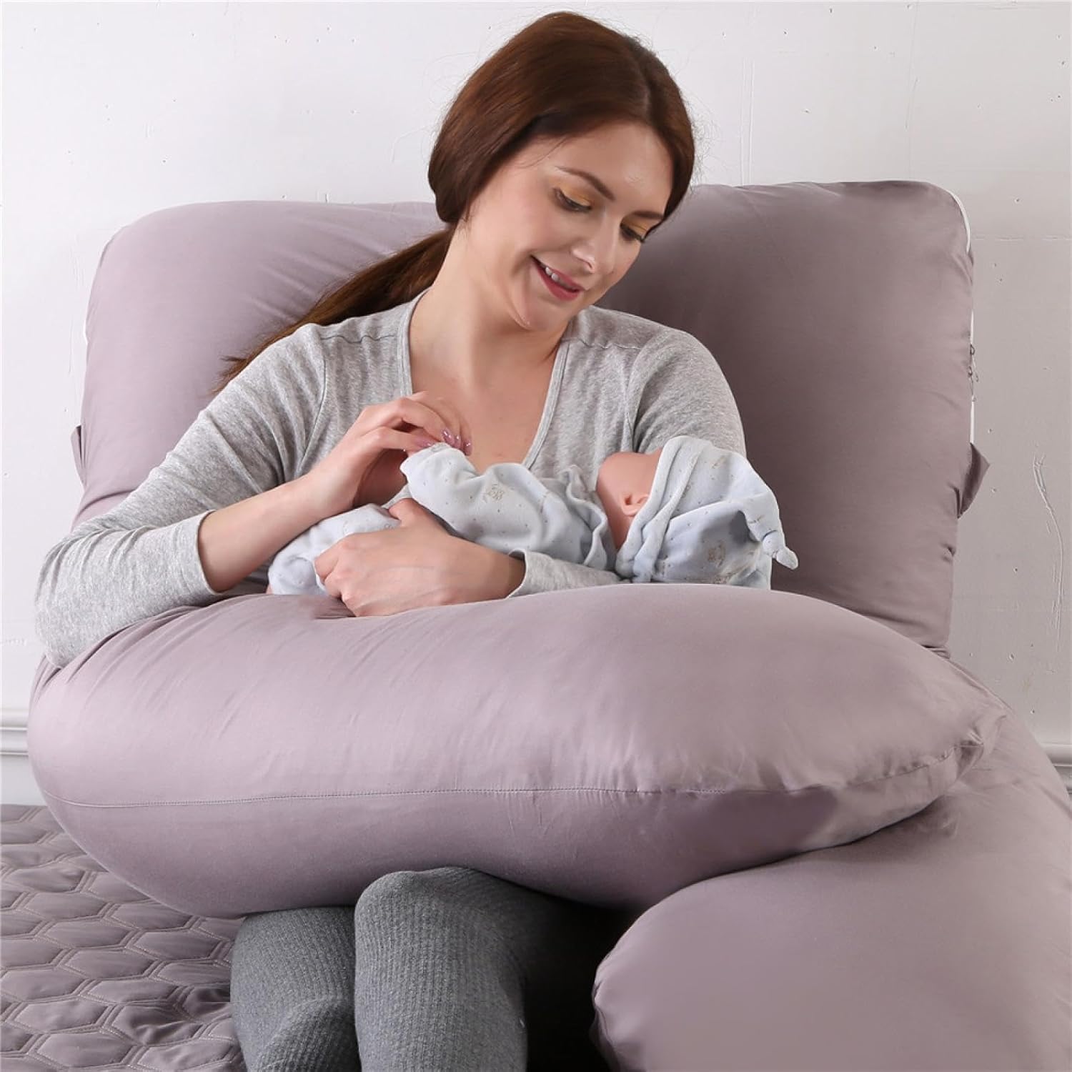 ecico Almohada de embarazo, almohada de cuerpo completo en forma de U, funda de enfriamiento gris, almohada de embarazo para dormir, almohada