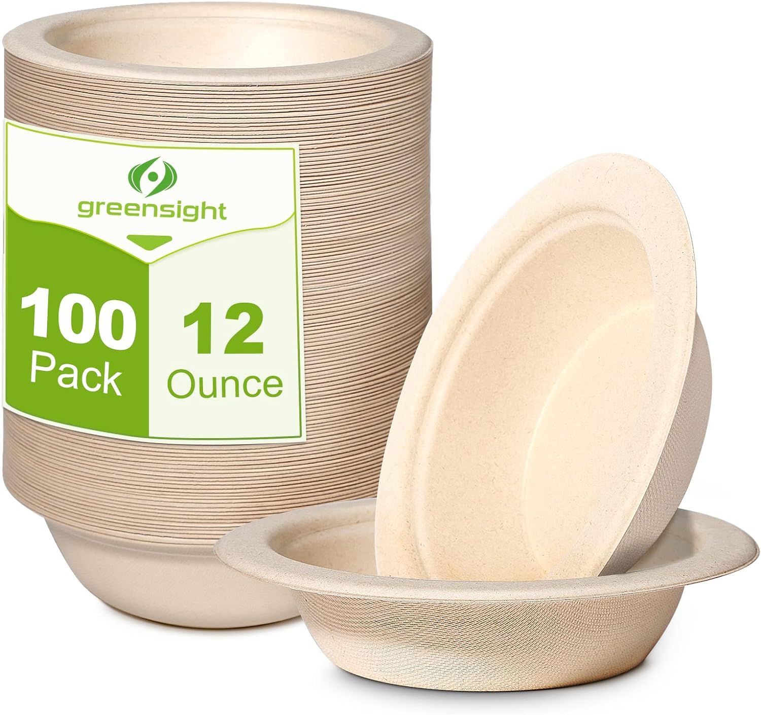 greensight Cuencos de papel desechables de 12 onzas, paquete de 100 cuencos compostables ecológicos, cuencos de fiesta para ensalada, helado, postre