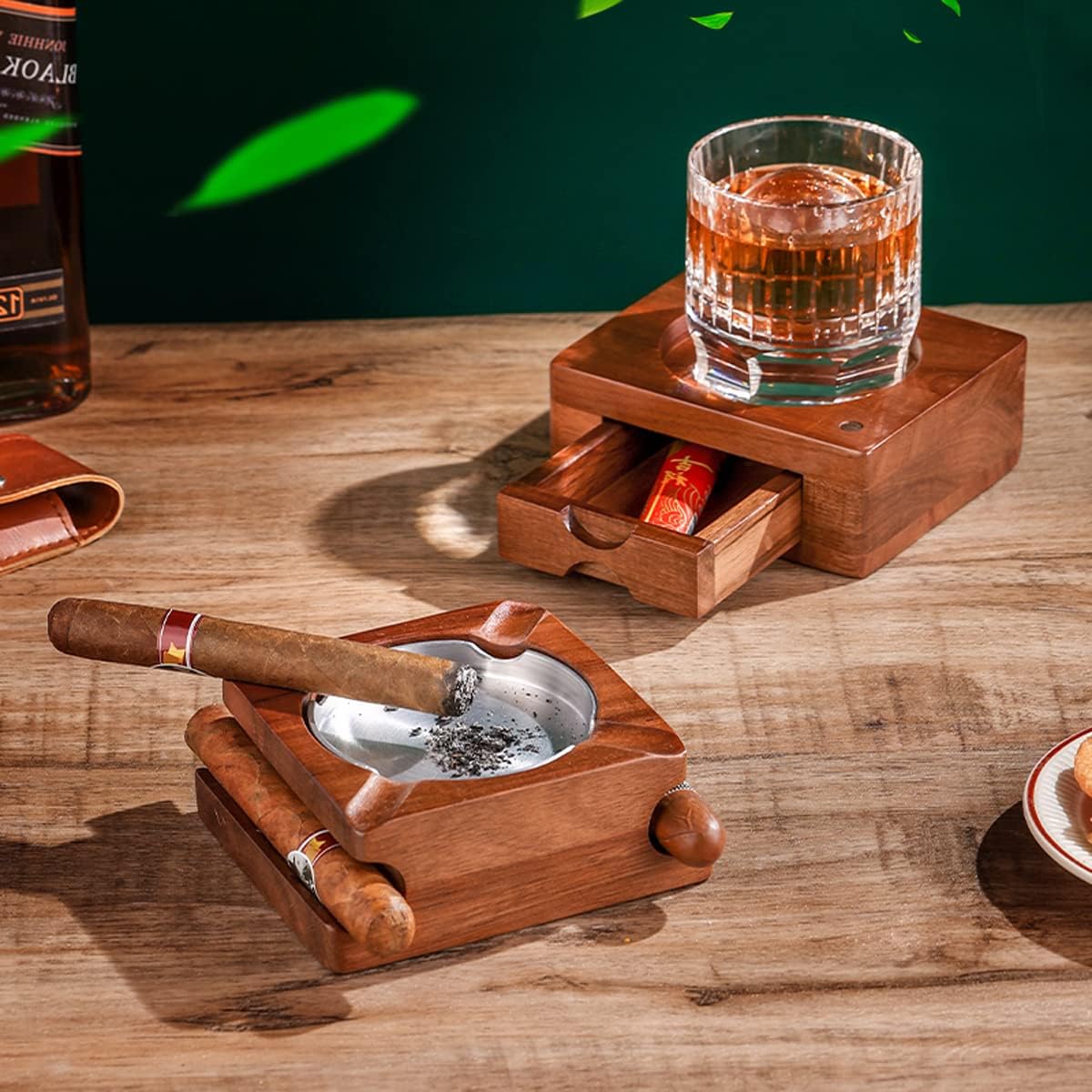 Cenicero de cigarros de regalo Cenicero de madera con bandeja de vidrio para whisky, bandeja de ceniza de madera, forro interior de acero inoxidable