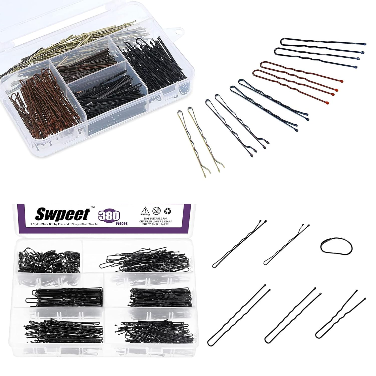 Swpeet Kit de 360 horquillas de 2 estilos y 380 horquillas negras con bandas de goma