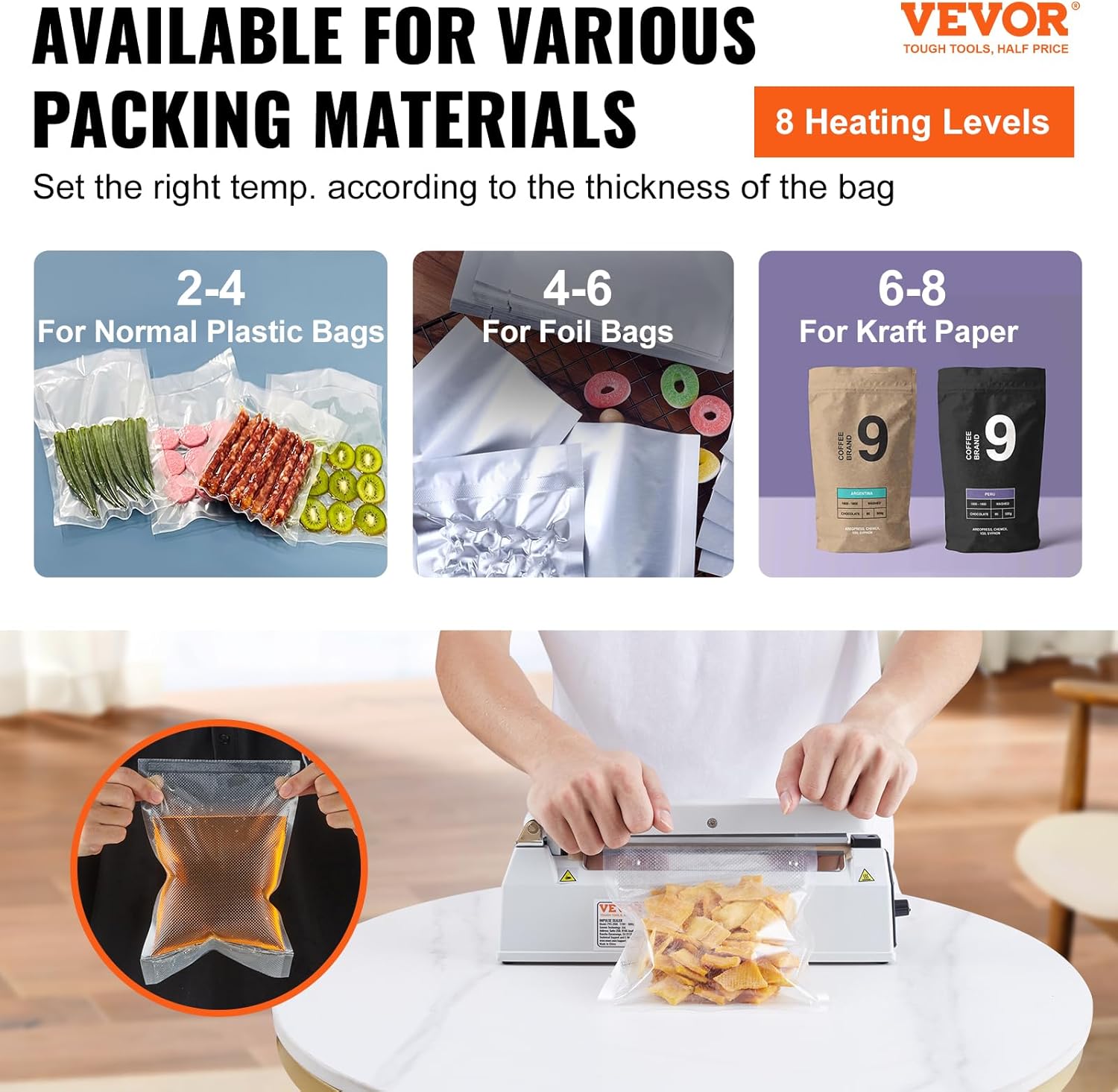VEVOR Sellador de impulso de 8 pulgadas, máquina de sellado térmico manual con modo de calefacción ajustable, selladores de bolsas retráctiles de
