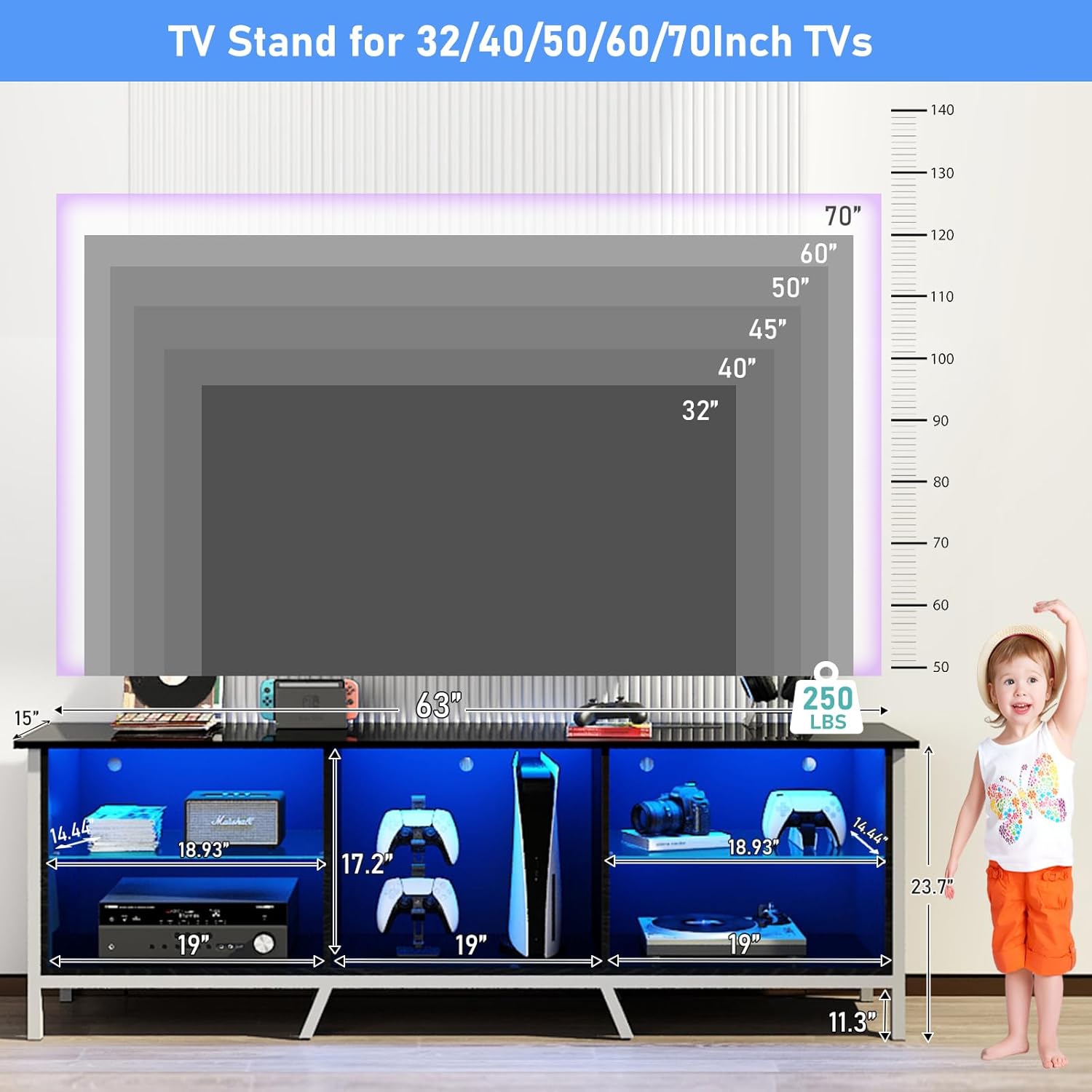 Vinctik 6&Fox Soporte de TV LED de 63 pulgadas para TV de 6570 pulgadas, soporte de TV negro brillante para sala de estar, moderno centro de