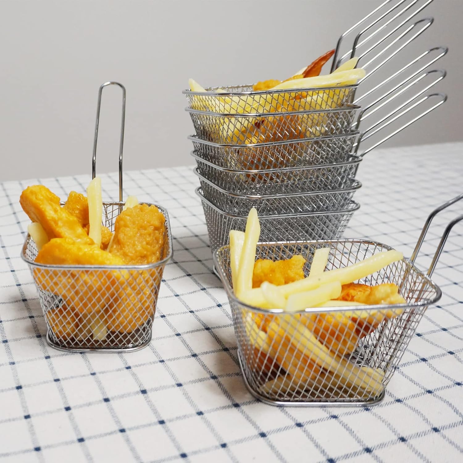 Eyourlife 8 cestas para servir papas fritas, cesta de acero inoxidable, soporte para alitas de pollo mini cuadradas de 4 pulgadas, para restaurante,