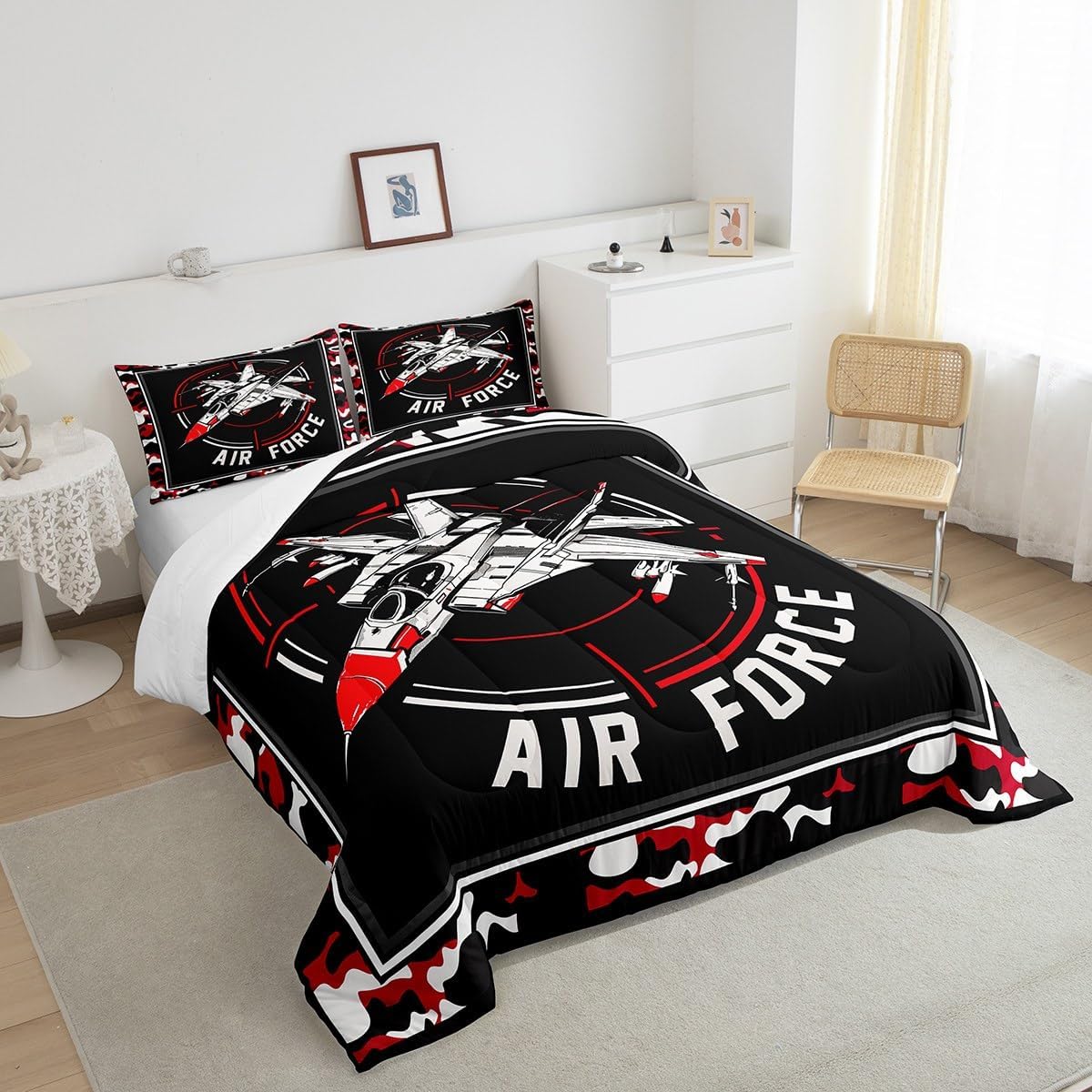 ZZRS2779ZMD-BZ_USF – Juego de edredón de tamaño matrimonial, ropa de cama de 3 piezas con diseño de camuflaje militar, rojo y negro para niños,