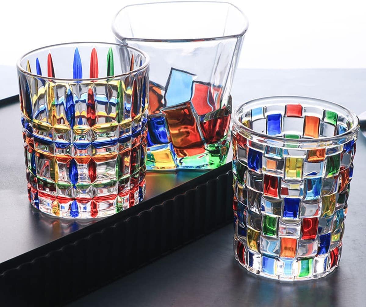 Vidrios coloridos para beber, pintados a mano, vidrios de agua multicolores, vasos de vino de whisky, vasos de vaso (rayas)
